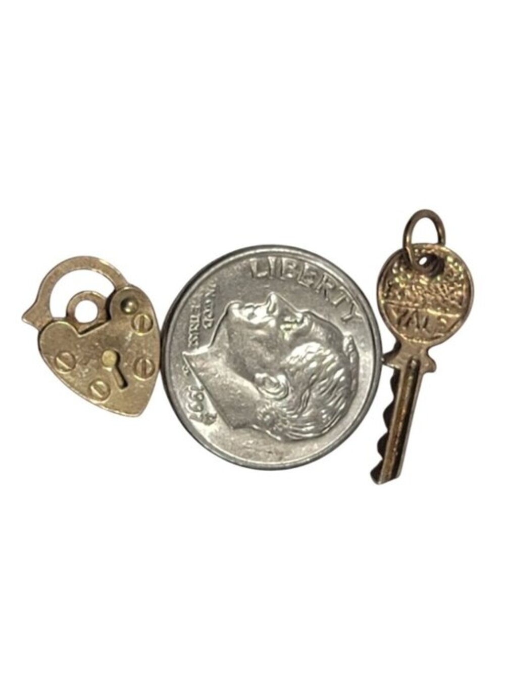 Miniature Gold Heart Padlock & Key Charm Set ASJ 375 Vintage Jewelry - Picture 9 of 11